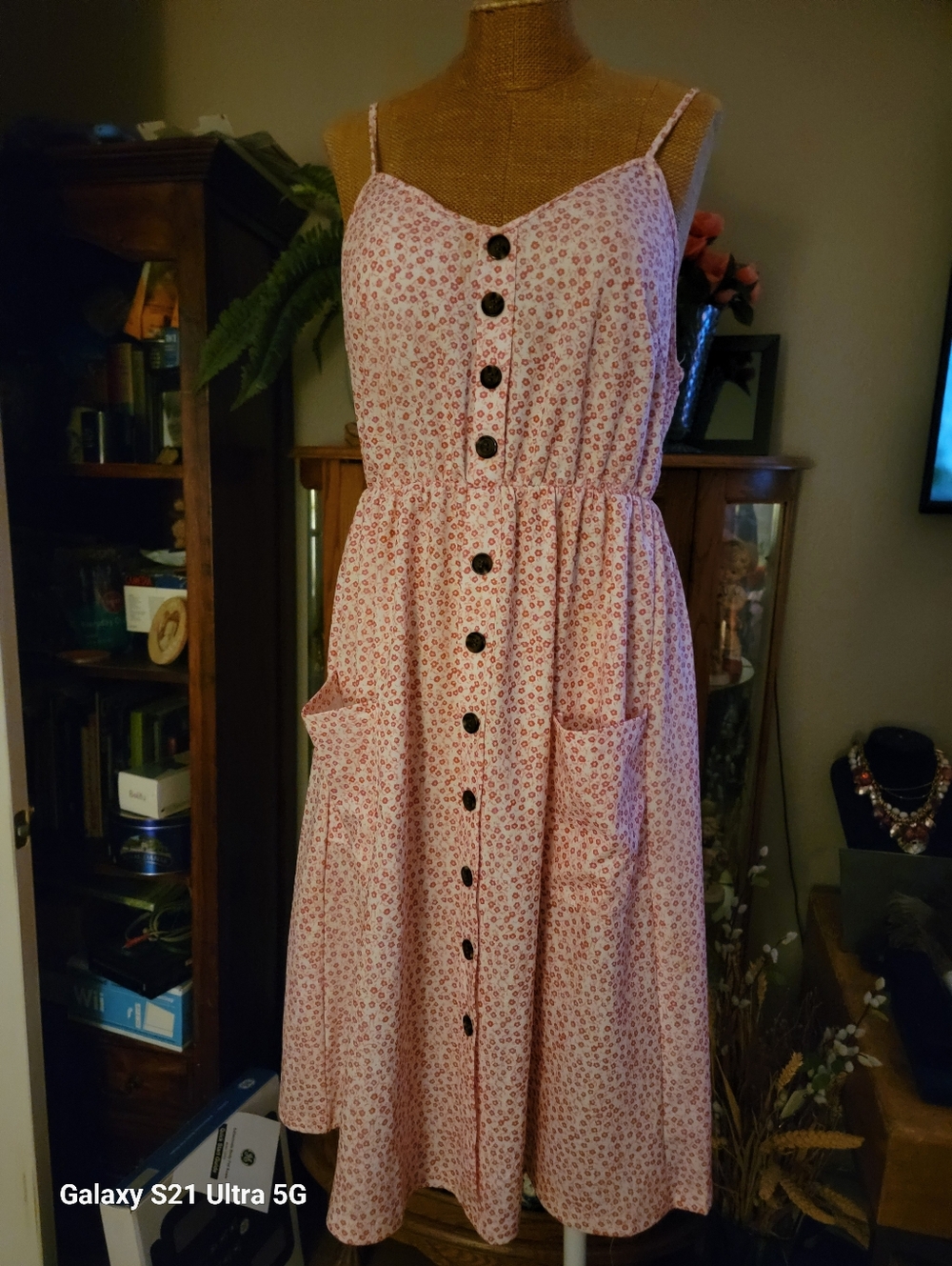 Pink Floral Midi Dress with Thin Straps